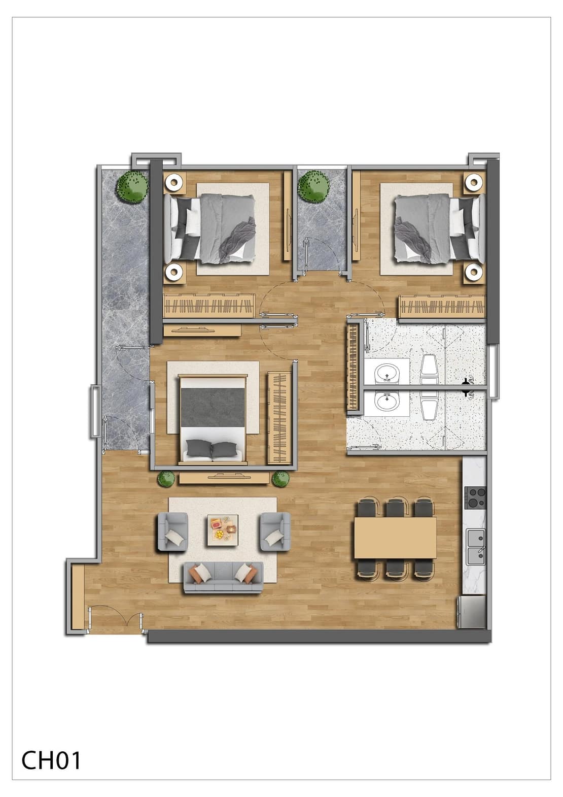 Thiết kế mới căn hộ 3PN 105,5m2 - 106,5m2 mhd