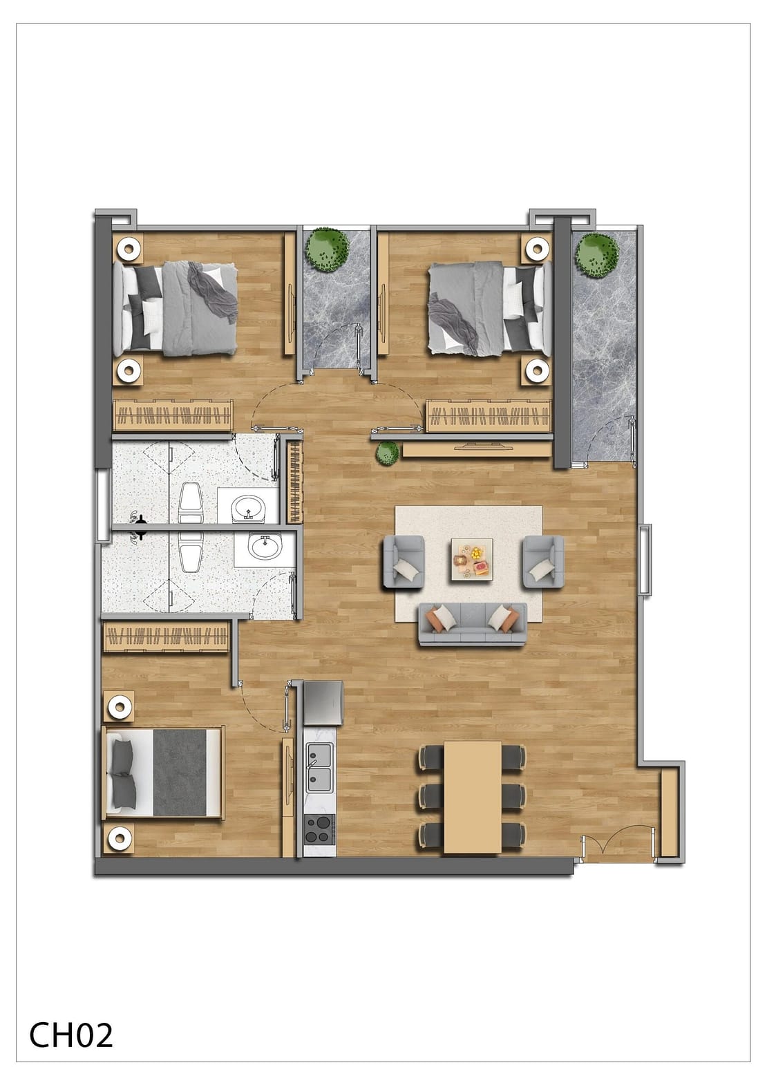 Thiết kế mới căn hộ 3PN 105,5m2 - 106,5m2 mhd