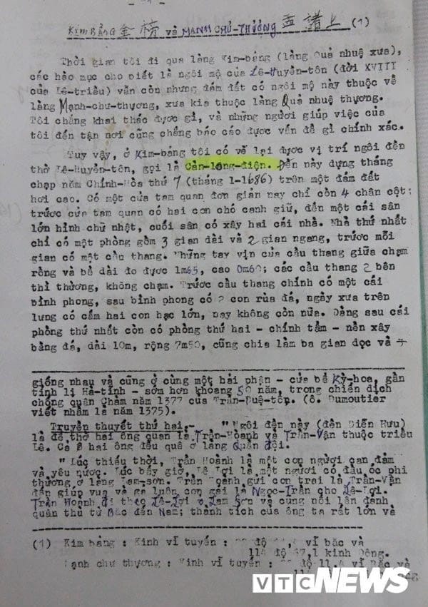Tài liệu Dumoutier ghi chép về điện Càn Long và mộ vua Lê Huyền Tôn lưu giữ ở Viện Viễn Đông Bác Cổ. 