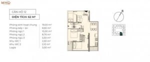 Căn 2 ngủ + 1 - 62,5m2 - 1 căn/sàn