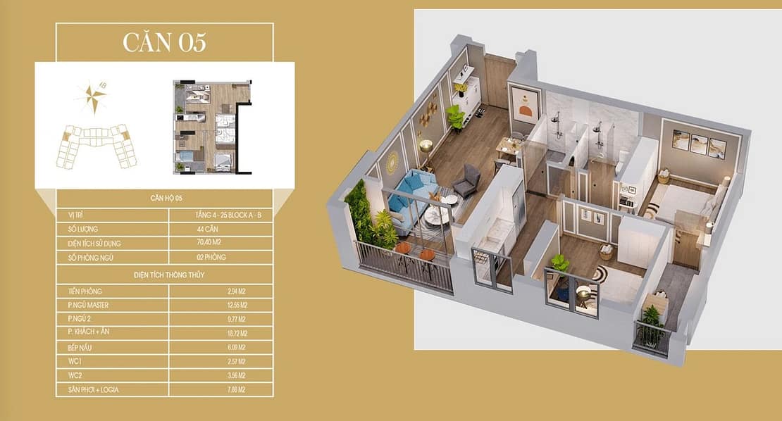 căn hộ 70m2 dự án tecco diamond