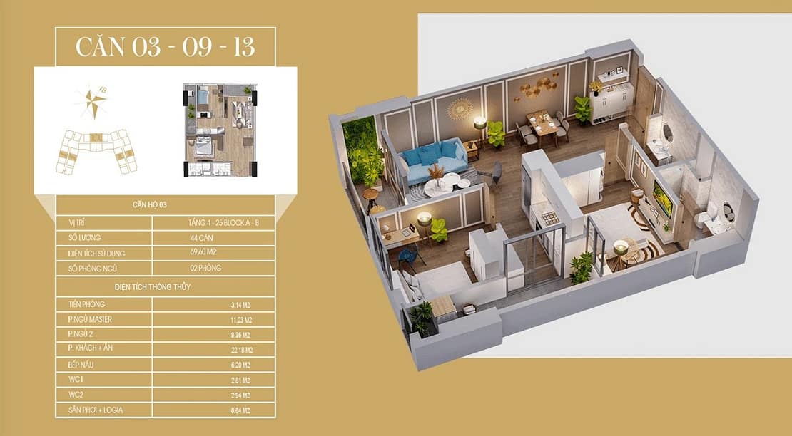 căn hộ 69,5m2 tecco diamond