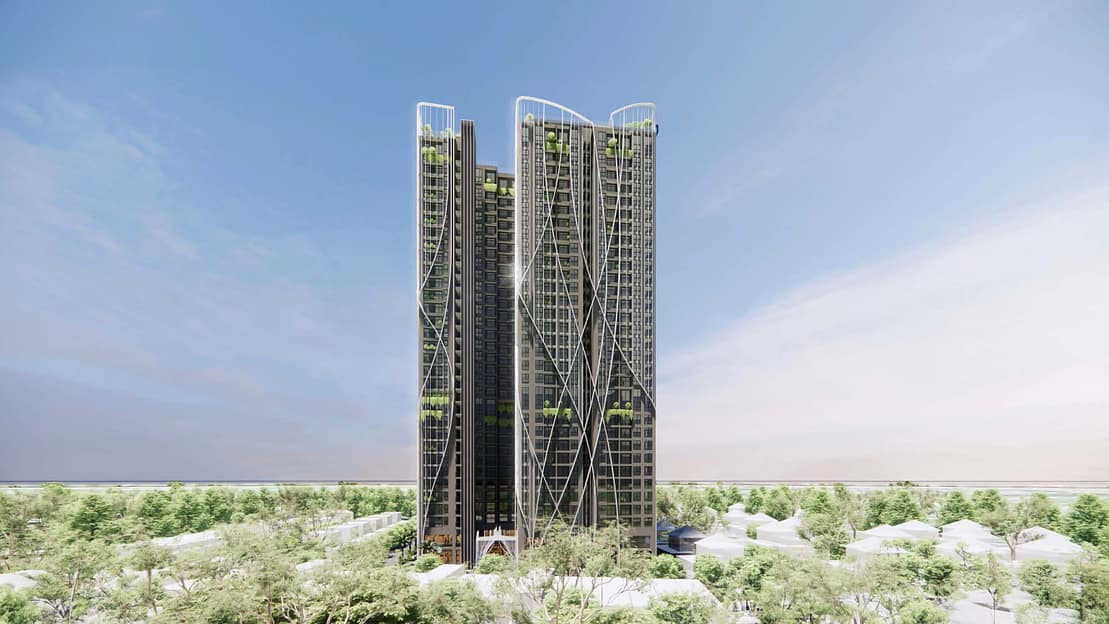 Hệ thanh lam chống nóng cùng các mảng xanh xen kẽ giúp The Fibonan trong lành, xanh mát.