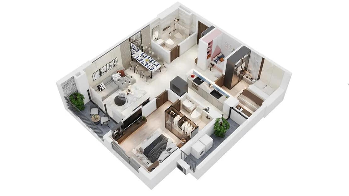 Căn hộ Đa Năng 2PN + 1 DT: 87m2 - 89,55m2: NO3 - 07,08,09,10,11,12.