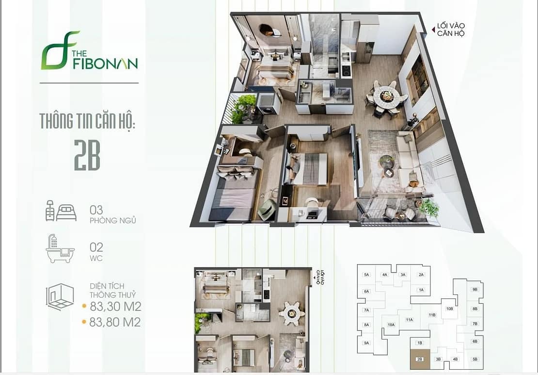 Căn hộ 3 phòng ngủ - The Fibonan Ecopark