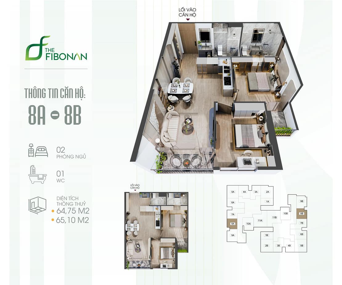 Căn hộ 2 phòng ngủ - The Fibonan Ecopark