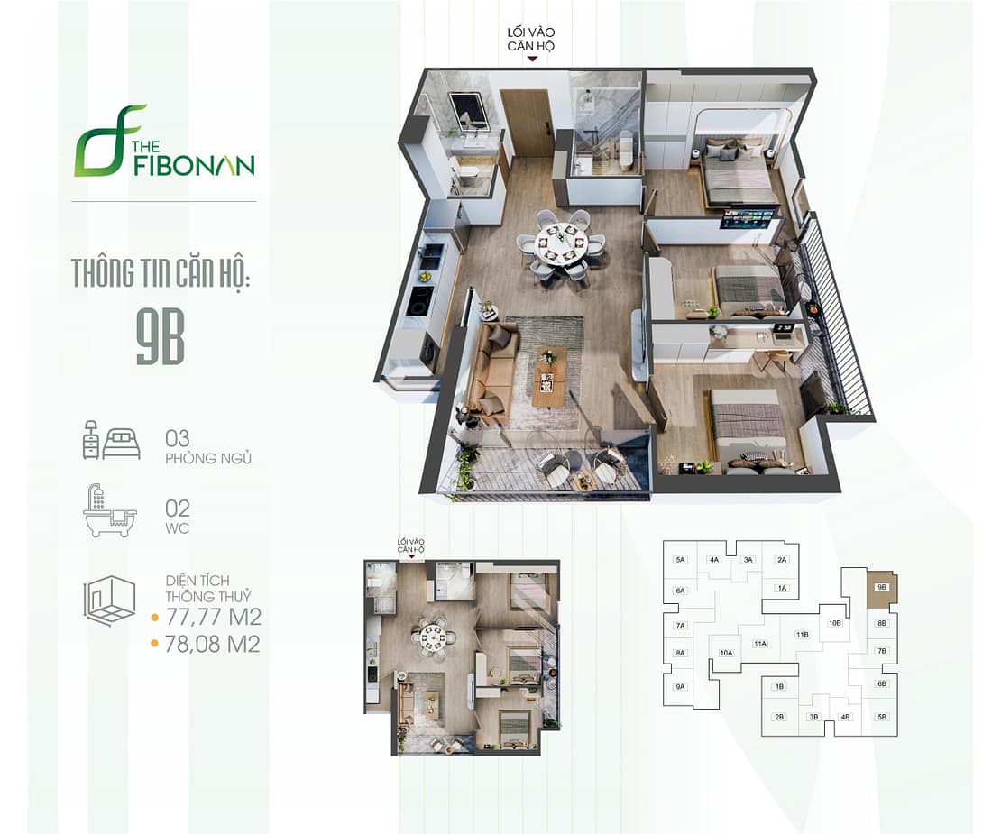 Căn hộ 3 phòng ngủ - The Fibonan Ecopark