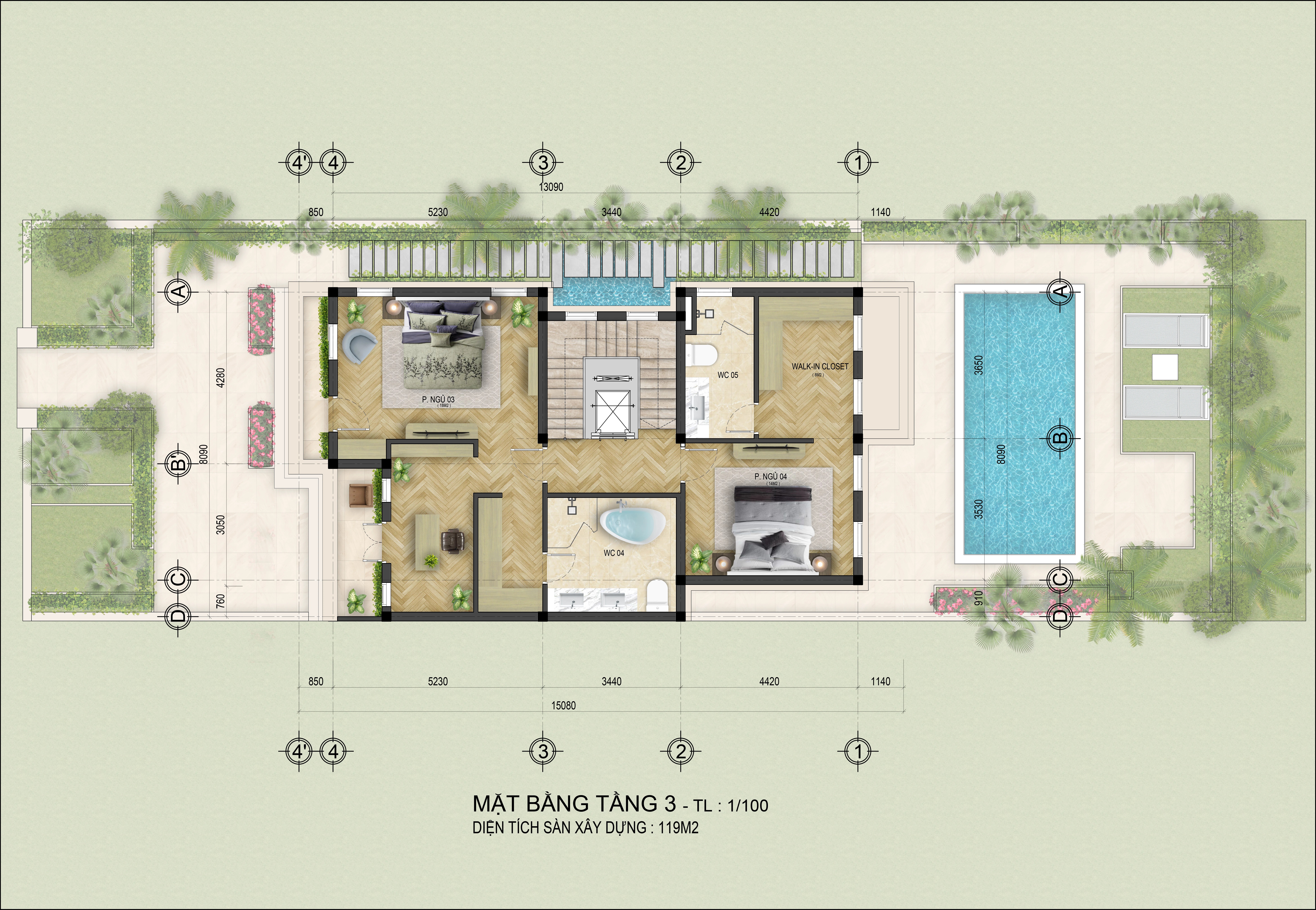 Mặt bằng tầng 3 biệt thự song lập mới nhất 2024