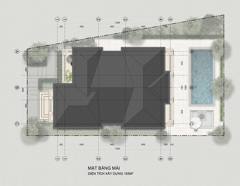 Mặt bằng tầng mái biệt thự đơn lập mới nhất 2024