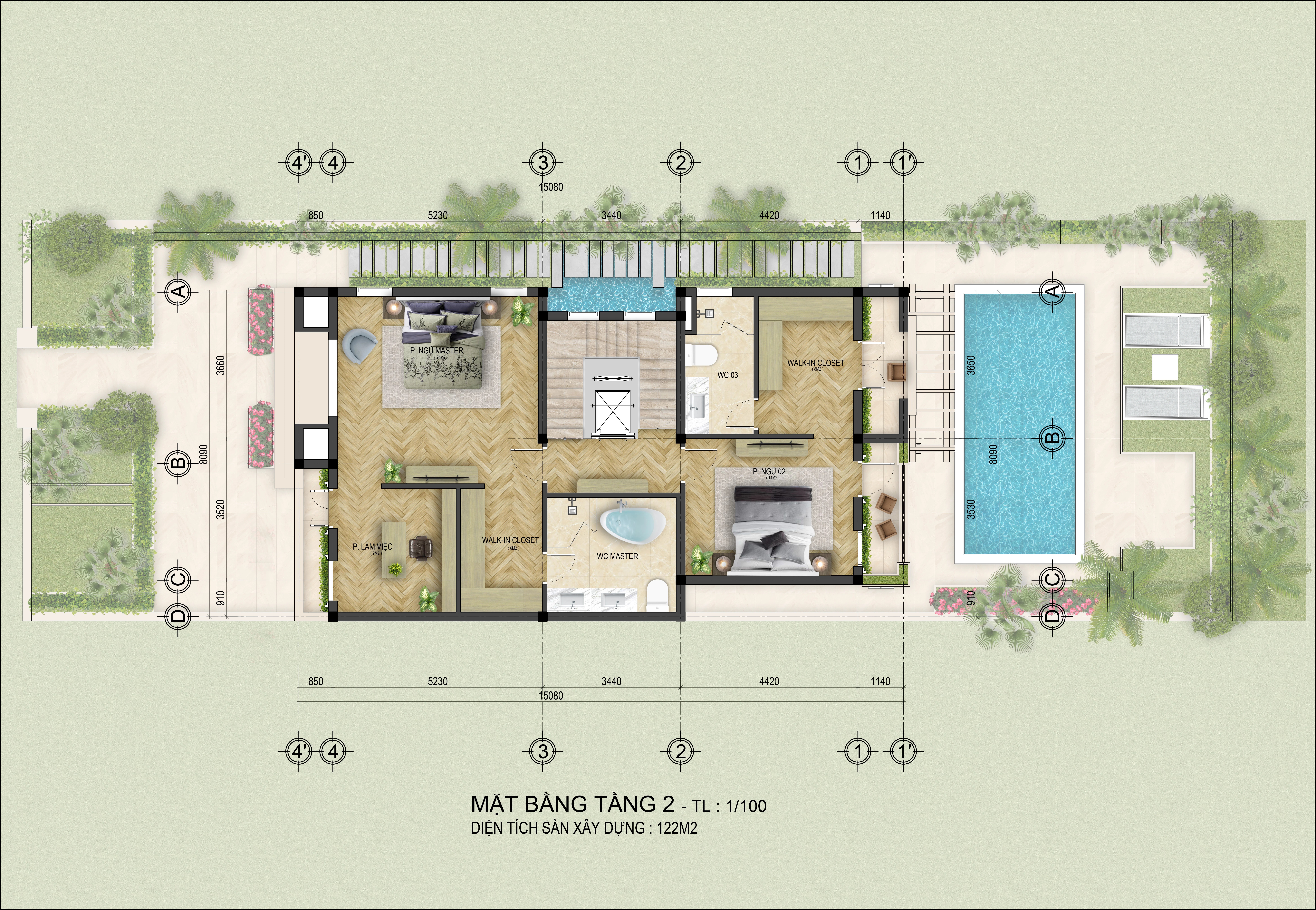 Mặt bằng tầng 2 biệt thự song lập mới nhất 2024