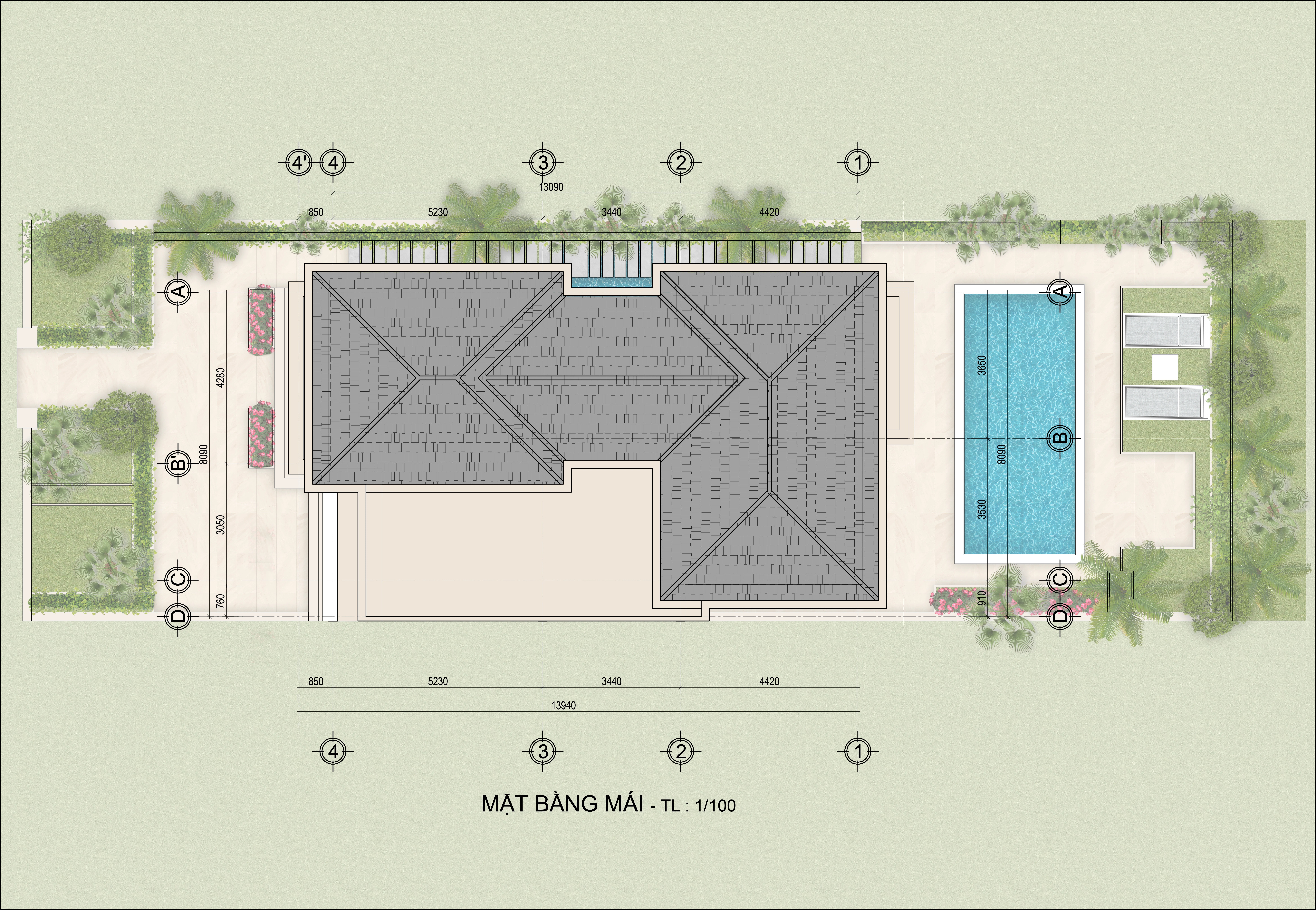 Mặt bằng tầng mái biệt thự song lập mới nhất 2024