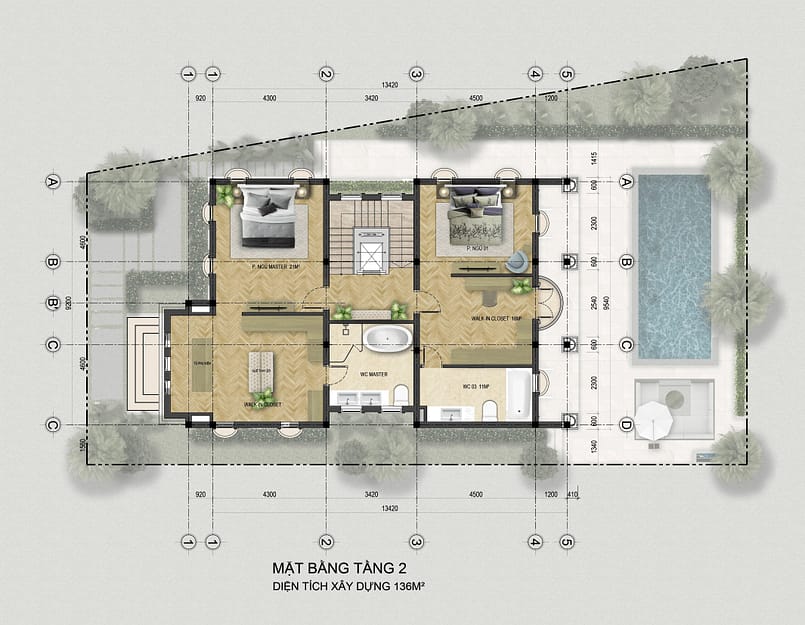 Mặt bằng tầng 2 biệt thự đơn lập mới nhất 2024