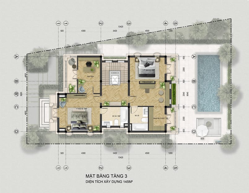 Mặt bằng tầng 3 biệt thự đơn lập mới nhất 2024