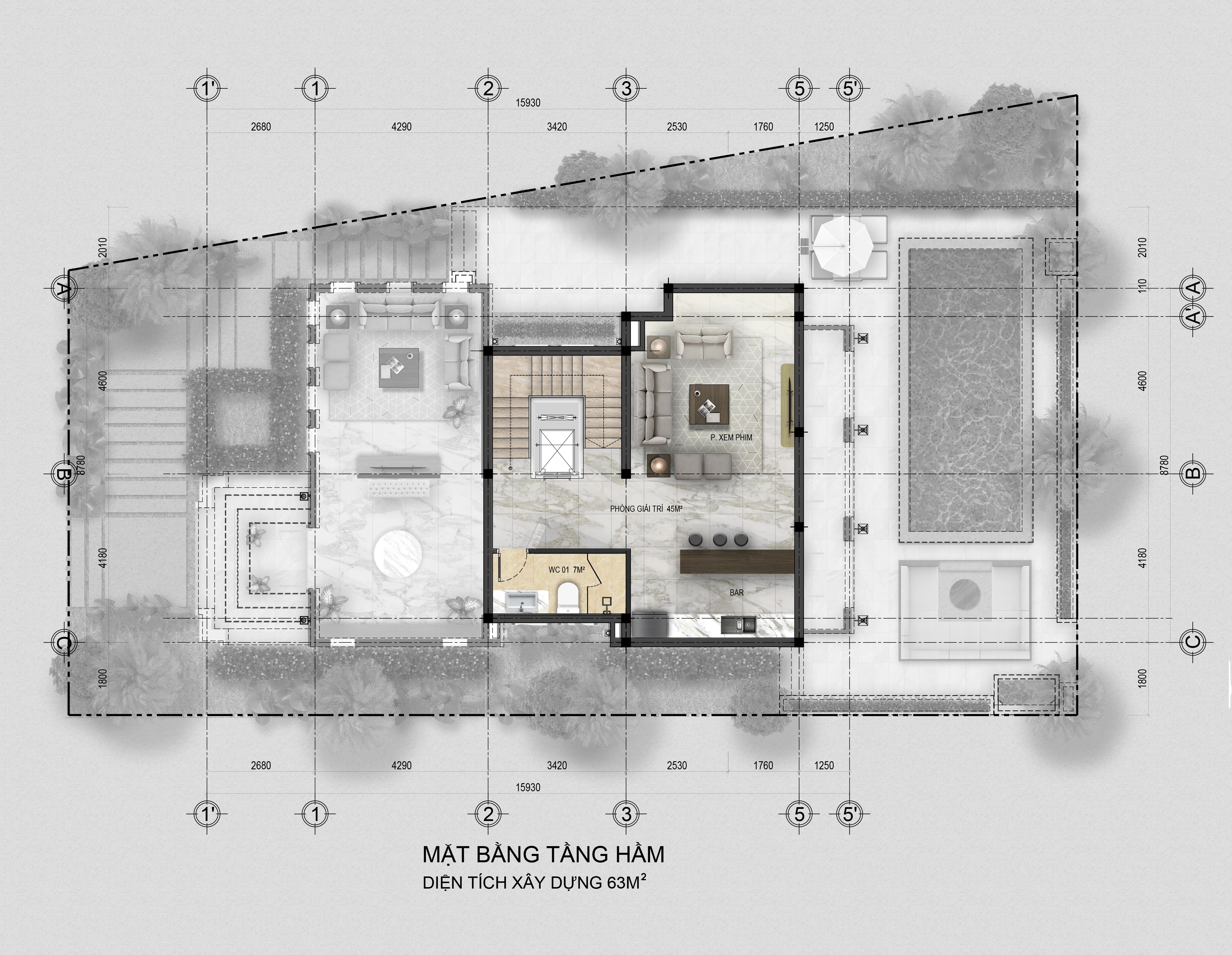 Mặt bằng tầng hầm biệt thự đơn lập