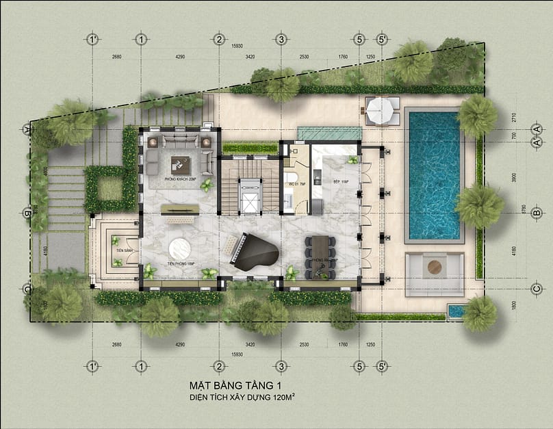 Mặt bằng tầng 1 biệt thự đơn lập mới nhất 2024
