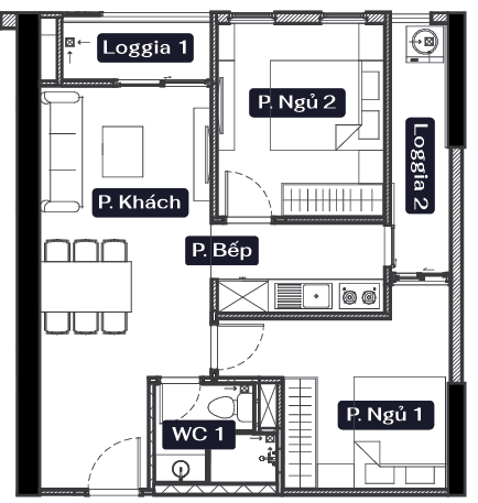 thiết kế chung cư anland lake view căn 2 ngủ 1 vệ sinh