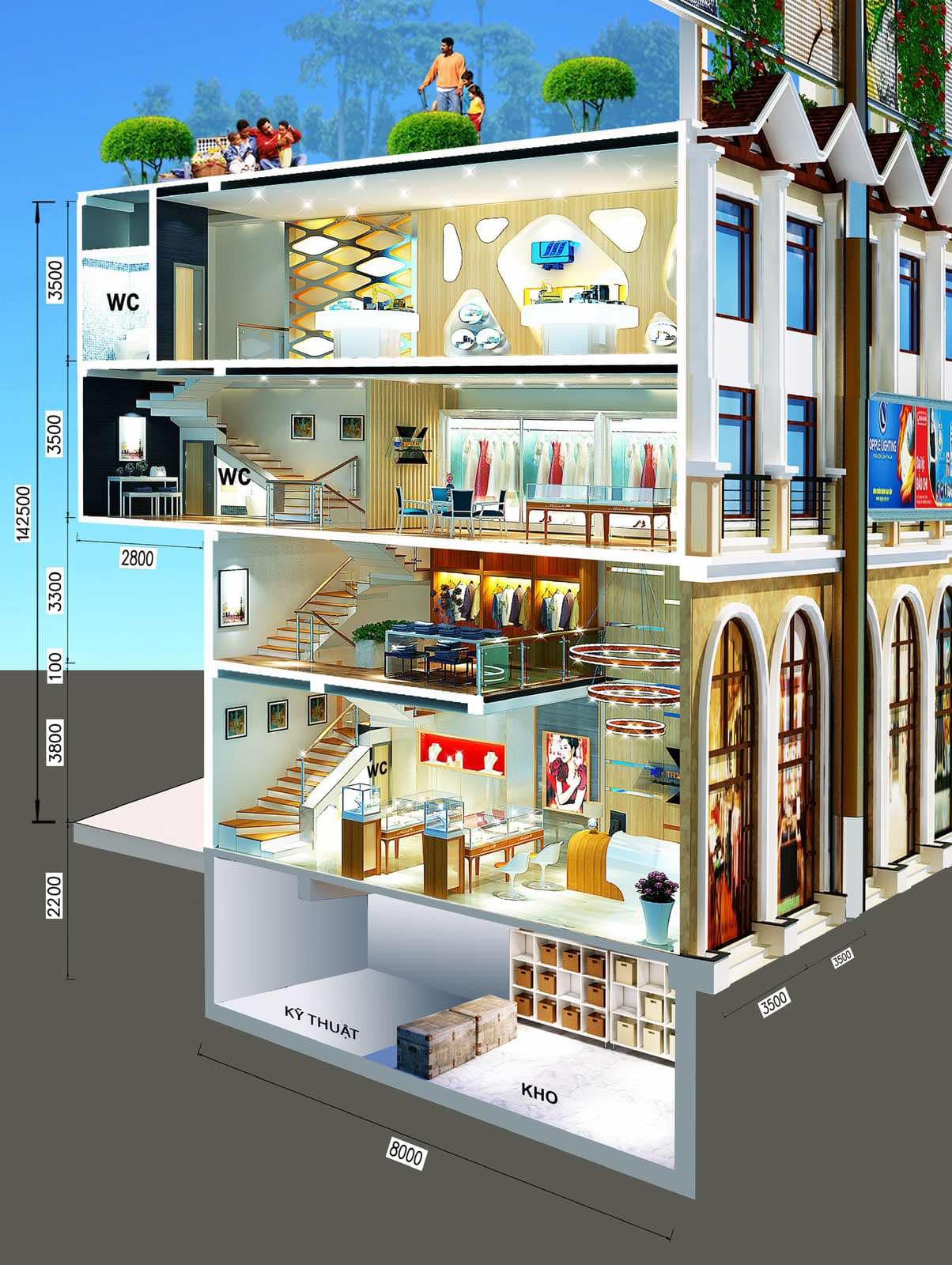 Phối cảnh kiến trúc công năng 1 Shop House Chợ Du lịch Lào Cai