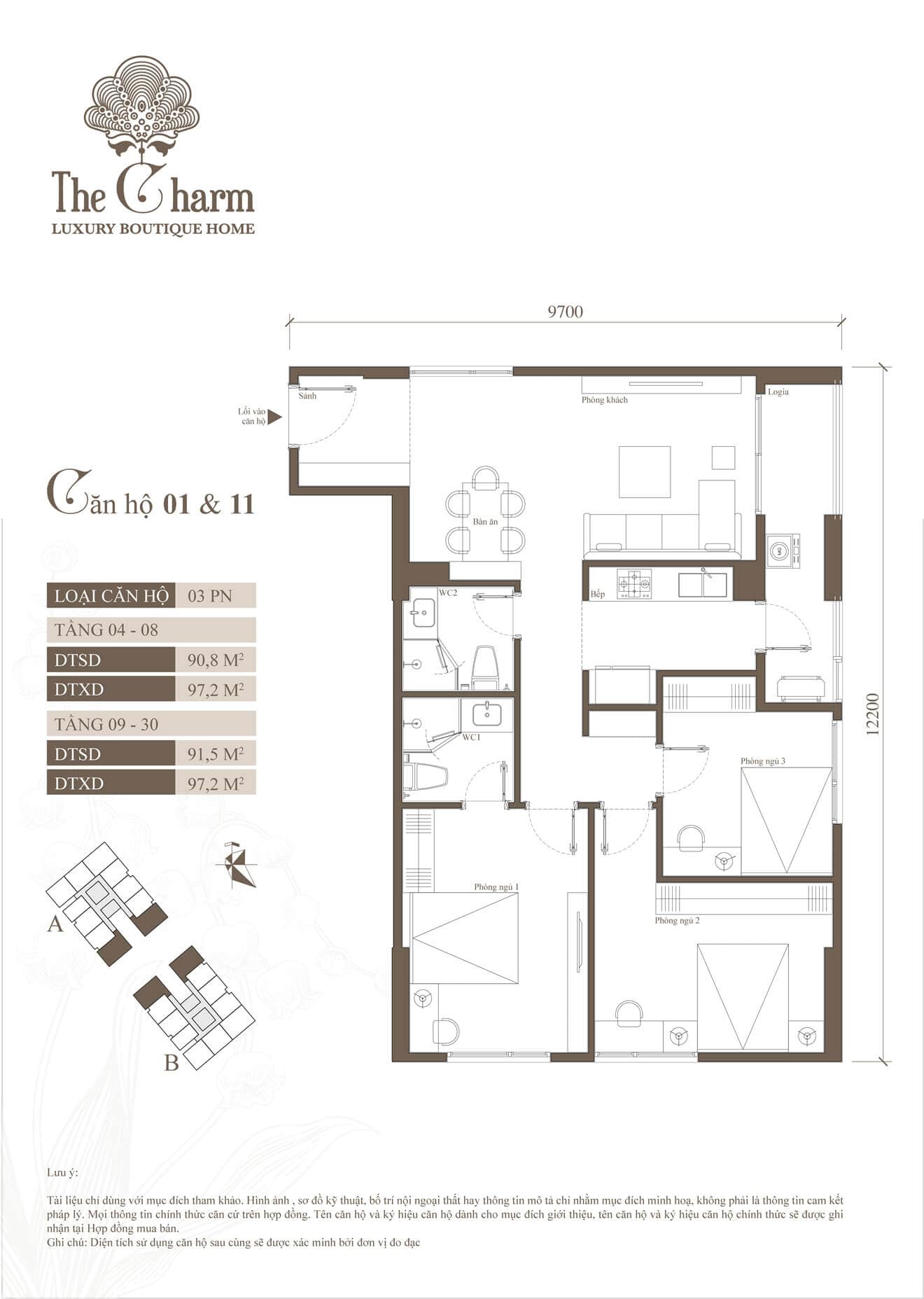 thiết kế căn hộ the charm an hưng hà đông căn hộ 01-11
